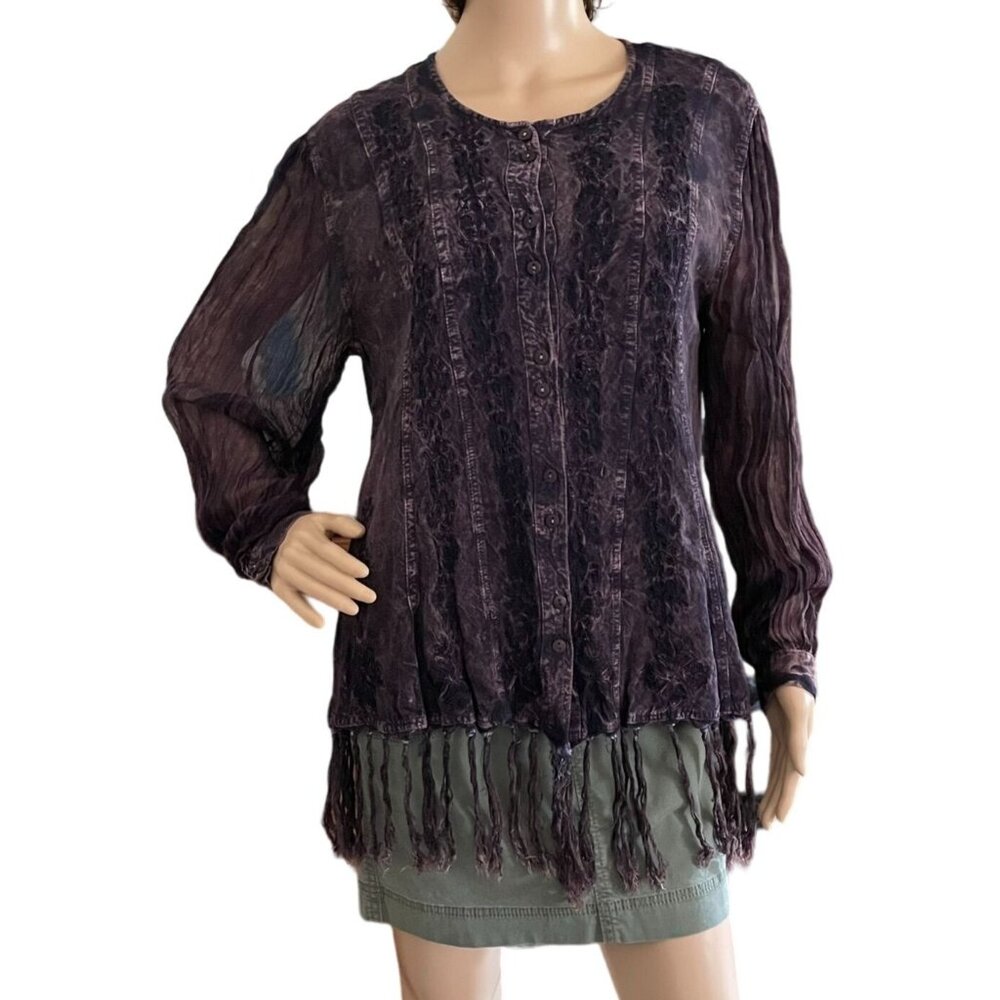 Boho Chic Purple Long Sleeve Fringe Tunic Top Women One Size Button Up Shirt
